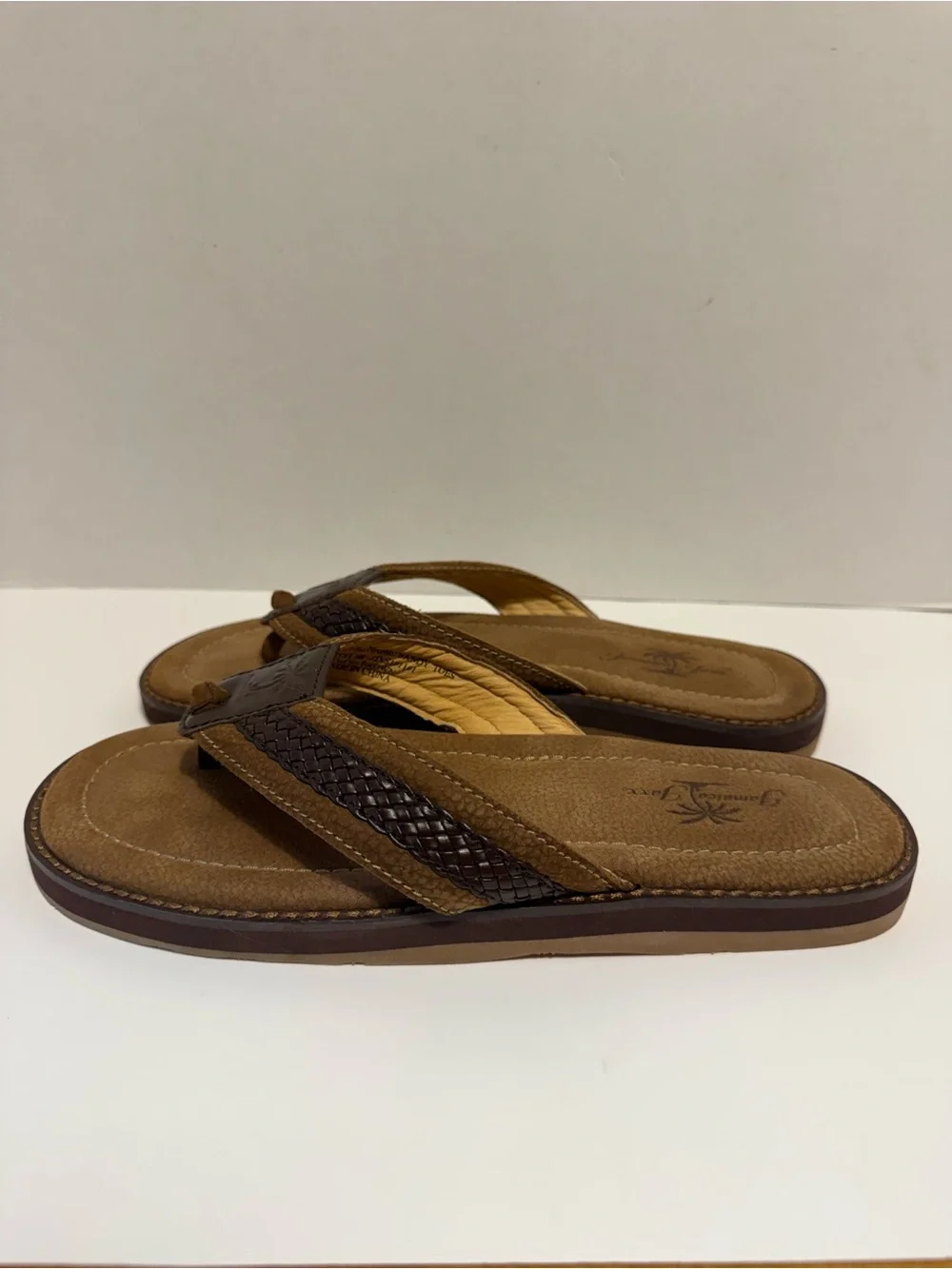 Jamaica Jaxx 2-Tone Brown Leather Slip On Flip Flop Thong Sandal Men Shoe 8-10M